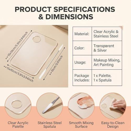 QUUPY Clear Acrylic Makeup Mixing Palette with Spatula 5.9x3.9 Inch