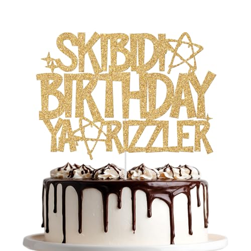 Skibidi Birthday Ya Rizzler Cake Topper Gold Glitter Party Decoration