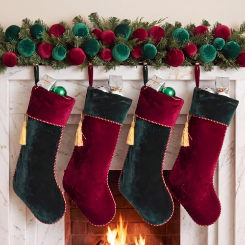 Kinlop 4 Pcs Velvet Christmas Stockings - Dark Green, 18 Inch Holiday Decor