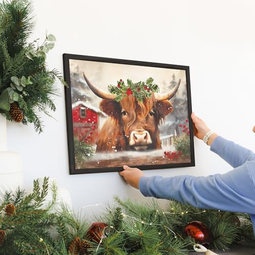 Christmas Highland Cow Yak Wood Decor Sign - Rustic Farmhouse Wall Art - 24 x 18 Inch - Made in USA - Christmas Yak Variation
