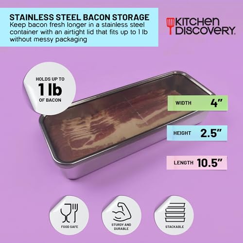 Kitchen Discovery Stainless Steel Stay Fresh Bacon Keeper - Keeps 16oz Bacon & Deli Meats Fresh