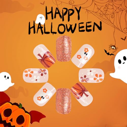 Halloween Press on Nails Medium Square Cute Ghost Pumpkin Fake Nails Kit