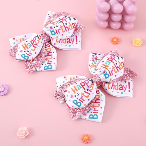 Happy Birthday Hair Bows Clip for Girls 3.54 Inch Glitter Sequin Ribbon 2PCS
