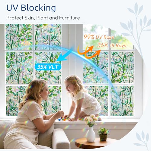 rabbitgoo Rainbow Window Privacy Film - Iridescent Green Foliage, 17.5" x 78.7" - UV Protection & Heat Control