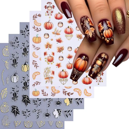 Fall Pumpkin & Maple Leaf Nail Stickers 3D Self-Adhesive Art Decals 5 Sheets