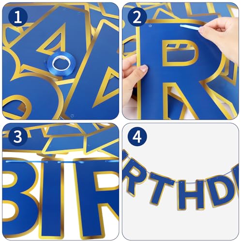 Navy Blue Happy Birthday Banner with Golden Border - 13 Flags