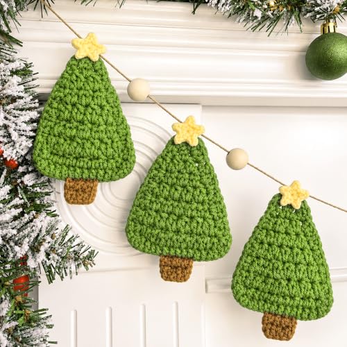 6.7ft Crochet Christmas Tree Garland with Wooden Beads and Red Bows - Rustic Holiday Decor