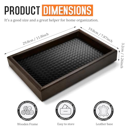 Wooden Valet Tray Desk Organizer with Leather Base - Multi-Purpose Storage for Jewelry, Wallets, Keys & More