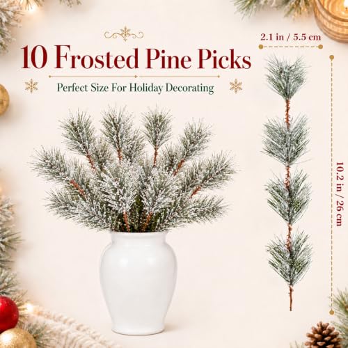 RAINFLOW Snowy Faux Pine Needle Picks - 10PCS Christmas Decor