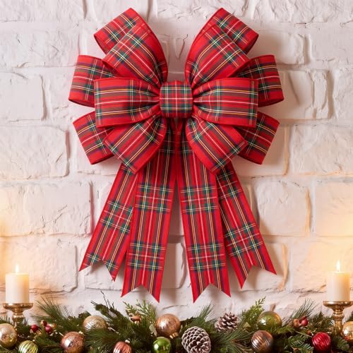 Large Red Christmas Plaid Tartan Bow Wreath Decor - 17.7 x 14.5 Inches