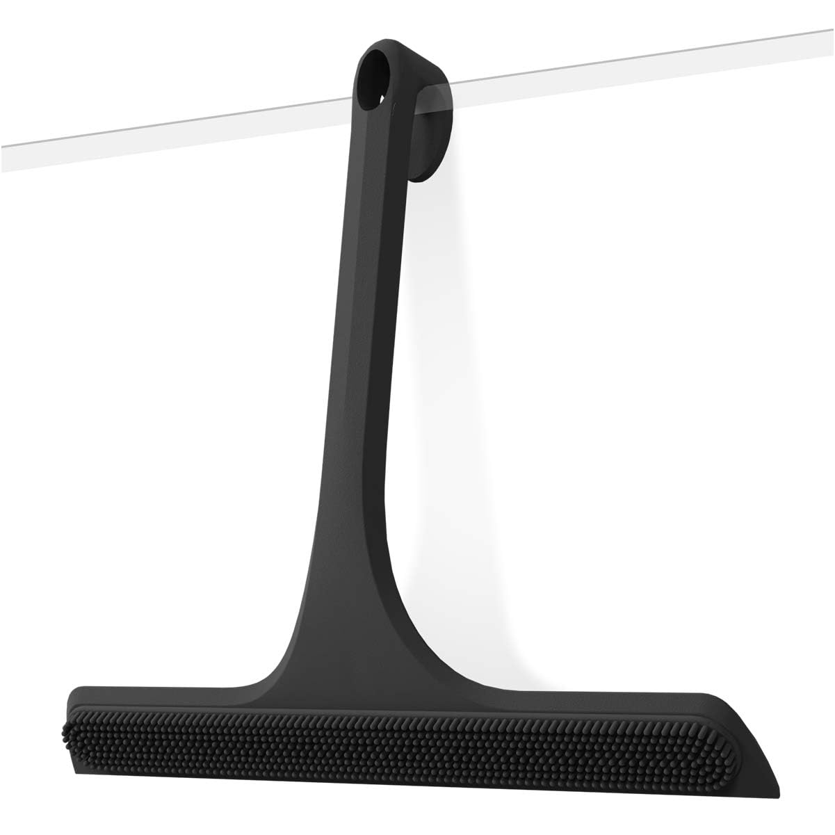 2-in-1 Silicone Shower Squeegee with Hook,Dual-Sided Design with Scraper & Scrub Surface,Rust-Proof Stainless Core,Streak-Free Bathroom Squeegee for Glass Doors,Mirrors,Windows,Car Windshields (Black)