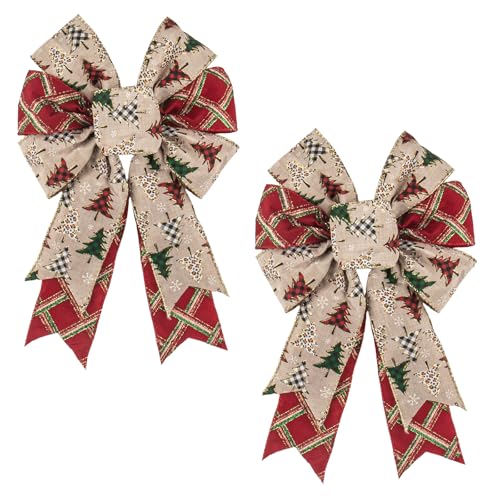 Christmas Tree Plaid Bows Set - Red White Green Holiday Wreath Decorations - 2 Pack