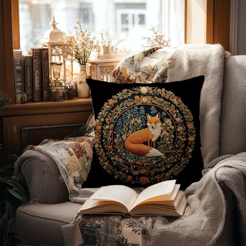 William Morris Inspired Red Fox Floral Pillow Cover - 18x18 Inch