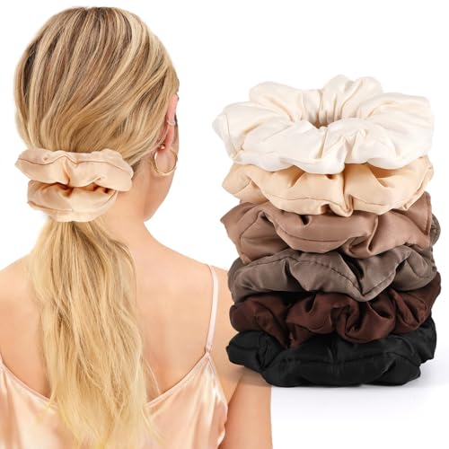 Bessrung Large Satin Hair Scrunchies 6-Pack - Damage-Free Soft Hair Ties