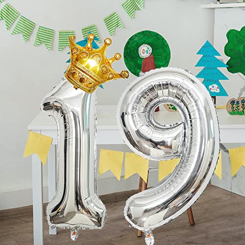32 Inch Silver Happy Birthday Number 19 Foil Balloon with Crown