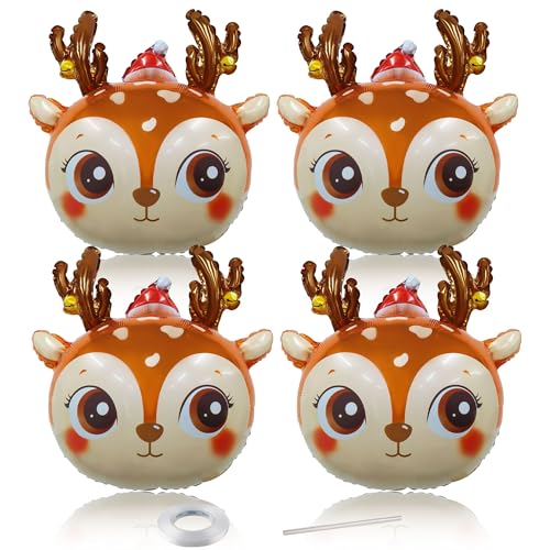 Heyiminy 4-Pack Reindeer Foil Balloons 24 Inch Deer Head Mylar Balloons for Christmas Party Decorations and Arch Kits