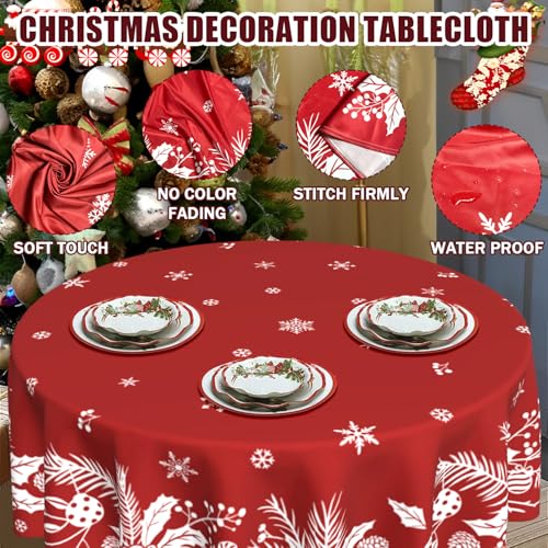 Christmas Round Tablecloth 60 Inch Red Floral Leaf Winter Holiday Decor