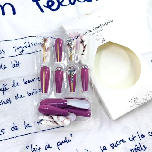 Pink Press on Nails with Rhinestones Long Coffin Fake Nails