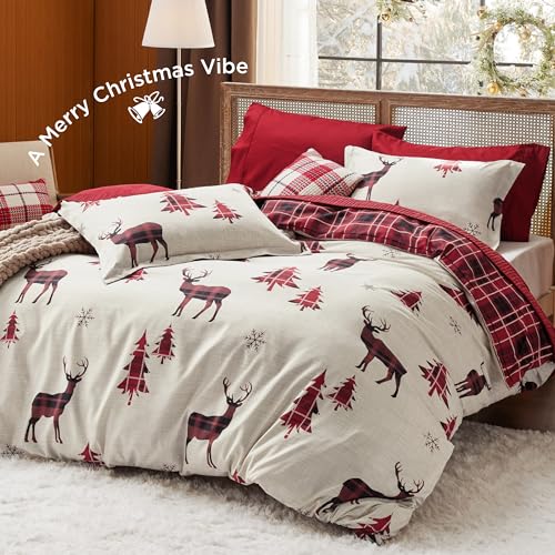 Bedsure Reversible Christmas Duvet Cover Set King Reindeer Plaid Holiday Bedding