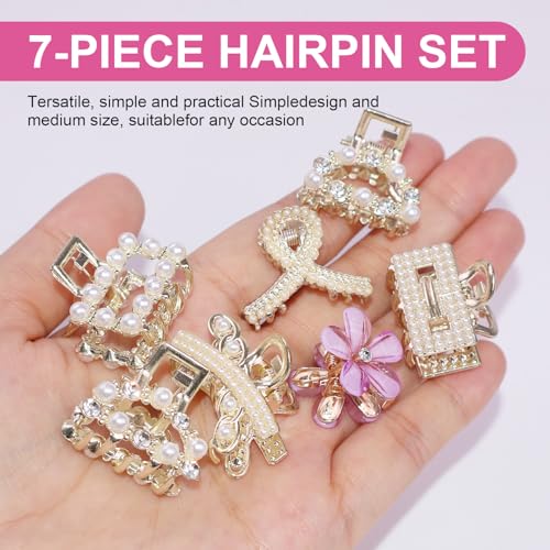 FADUIIO 7Pcs Mini Metal Hair Claw Clips with Pearls & Rhinestones