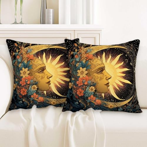 Celestial Sun Moon Throw Pillow Covers Set of 2 - 18x18 Inch