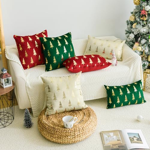Christmas Red Velvet Throw Pillow Cover 20 x 20 Inches Set of 2 with Gold Foil Tree Design