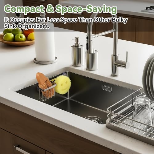 LANDNEOO Silver Sink Sponge Holder with 2 Mounting Options - Rustproof Kitchen Organizer