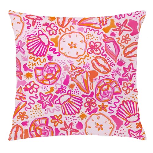 Nipil Boho Beach Throw Pillow Cover, 18x18 Pink & Orange Flannel Cushion