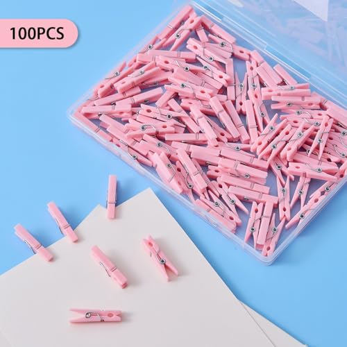 100 Pcs Pink Mini Clothespins with Jute Twine for Baby Shower