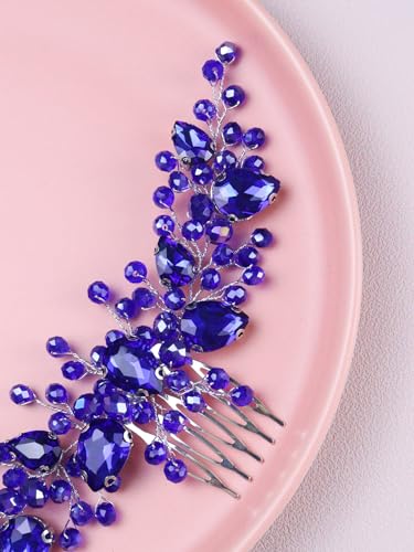 Brihasory Blue Crystal Wedding Hair Comb Rhinestone Bridal Hair Piece