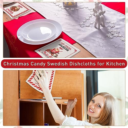Christmas Swedish Dish Cloth Set - Reusable Kitchen Towels with Candy Cane Pattern - 8 Pcs