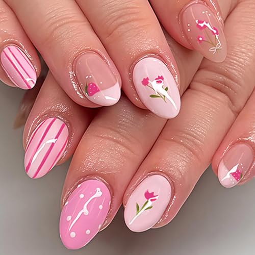 Medium Oval Press on Nails Cute Strawberry Acrylic False Nails Pink Tulip