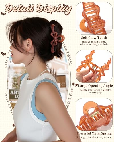 Secroma 6-Piece Large Bow Hair Claw Clips, Non-Slip Jelly Matte Clips
