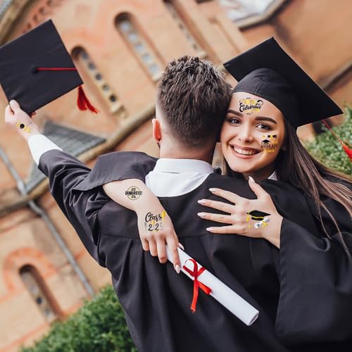 Konsait Class of 2026 Graduation Temporary Tattoos - 10 Sheets Black & Gold Party Favors
