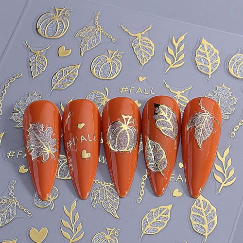 Autumn Nail Art Stickers - 6 Sheets 3D Gold Leaf Pumpkin & Maple Decals