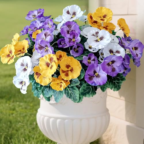 Artificial Pansy Flowers - UV Resistant Silk Faux Bouquets (6 Bundles)