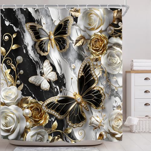 Riyidecor Black and Gold Marble Shower Curtain 72"x72" with Hooks