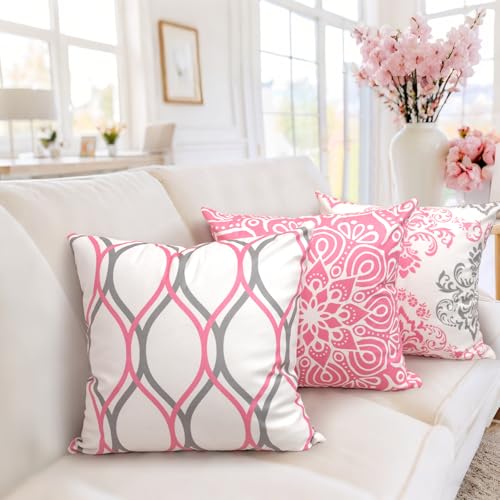 Pink 20x20 Decorative Throw Pillow Covers Set of 4 - Modern Farmhouse Cushion Cases for Sofa & Couch