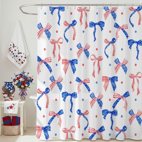 Patriotic Bow Shower Curtain - 4th of July Waterproof Fabric, 72x72