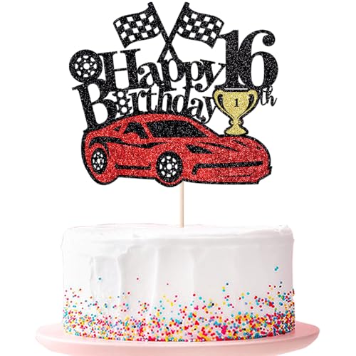 Racing Car 16th Birthday Cake Topper - Checkered Flag Theme