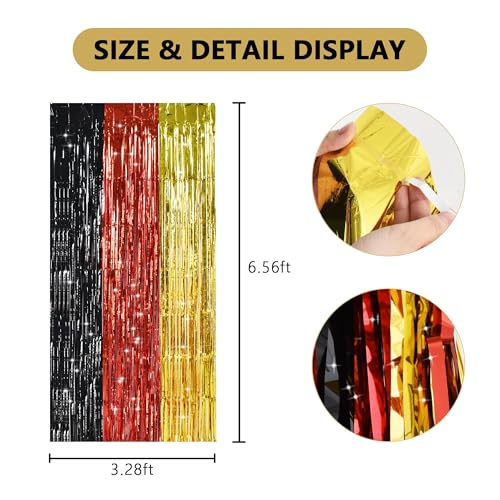 TONIFUL Metallic Foil Fringe Curtains - 2 Pack Black Red Gold Party Backdrop