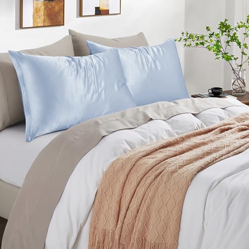 Light Blue Satin Pillowcase Set of 2 with Zipper - Standard (20x26) for Hair & Skin