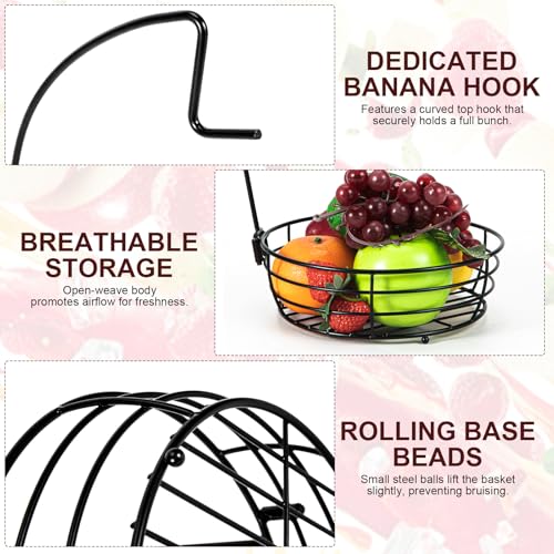 Vituney Metal Fruit Basket with Banana Hanger - Rust-Proof Counter Organizer