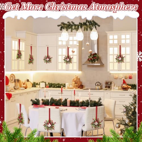 Christmas Wreaths Set - 18 Mini Faux Green Wreaths with Plaid Bows & Bells, Indoor Decor