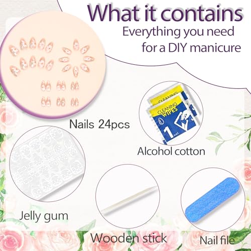 Short Almond Press on Nails with Fresh Floral Design Glossy Acrylic Fake Nails 30pcs