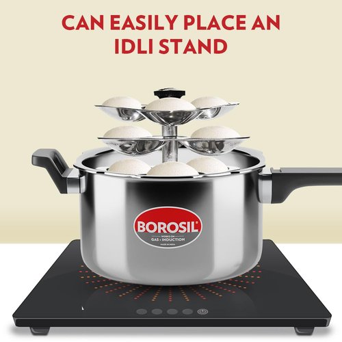 Borosil 5 L Triply Outerlid Presto Cooker | SS304 Food Grade Stainless Steel Pressure Cooker | Gas Stove & Induction Compatible | Dishwasher Safe | 5 Years Warranty