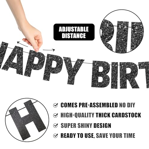 Black Glitter Happy Birthday Banner - Pre-Strung Party Decoration