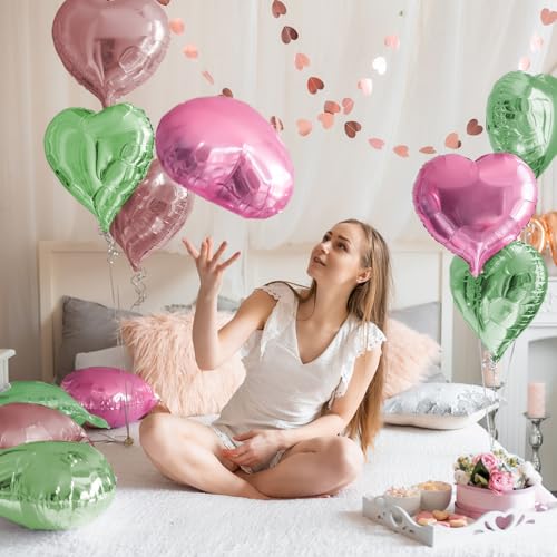 18-Inch Heart Foil Balloons - Pink & Sage Green, 12-Pack