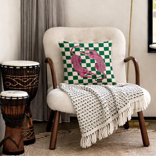 White-Leopard Trendy 18x18 Pillow Cover - Pink Leopard Checkered Decor