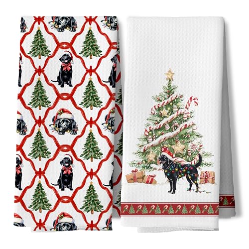 Mj Preppy Christmas Dog Kitchen Towels - Black Lab Holiday Dish Hand Towels Set of 2
